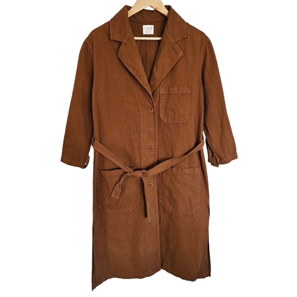First Rite‎ brown twill overcoat with tie waist